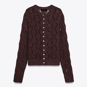ZARA POINTELLE KNIT CARDIGAN EGGPLANT BURGUNDY 9598/065 SMALL SWEATER CROCHET